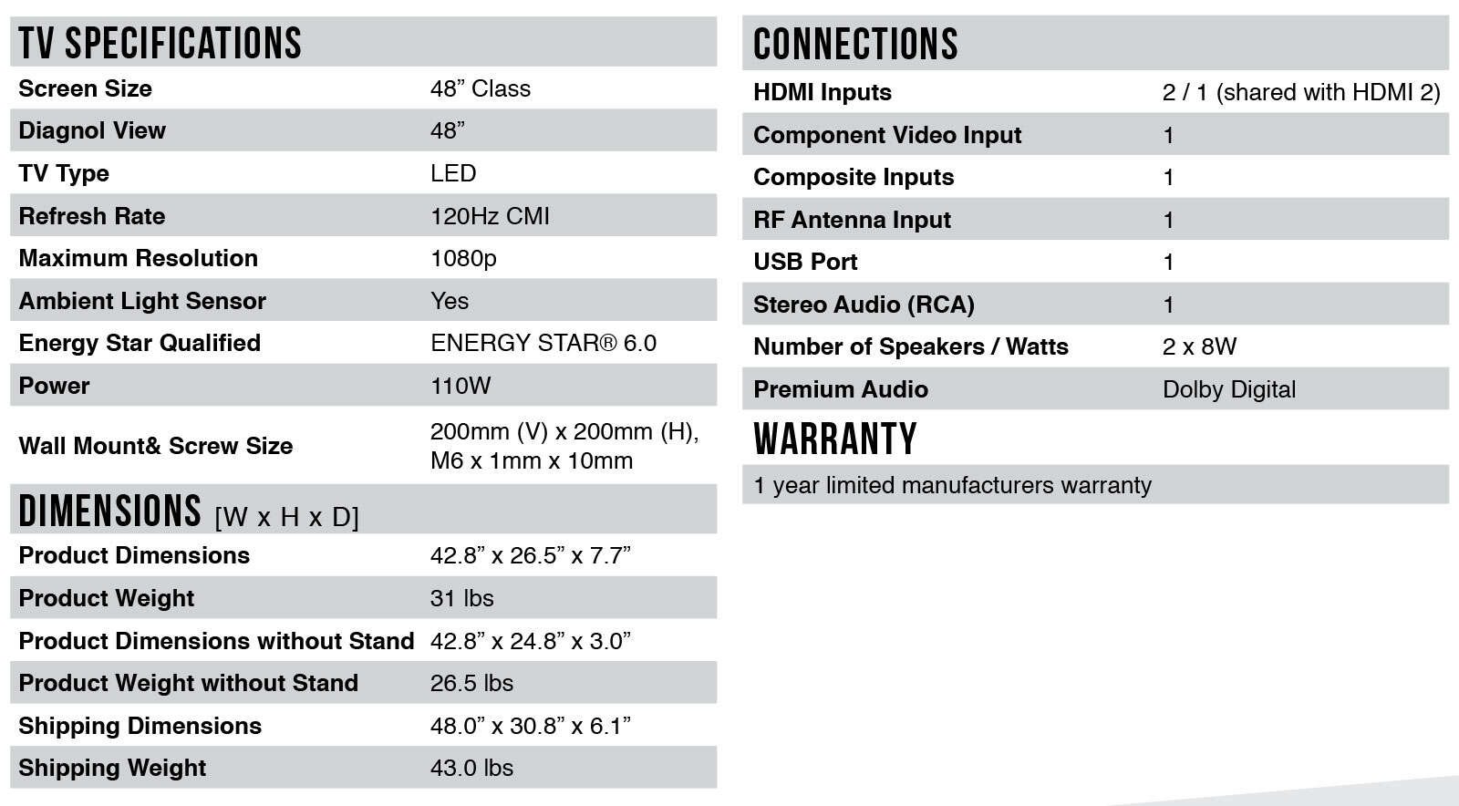 TCL 48” S4690 Spec Sheet