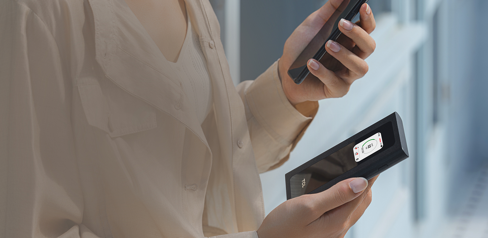 woman holding hotspot connected to 5g internet