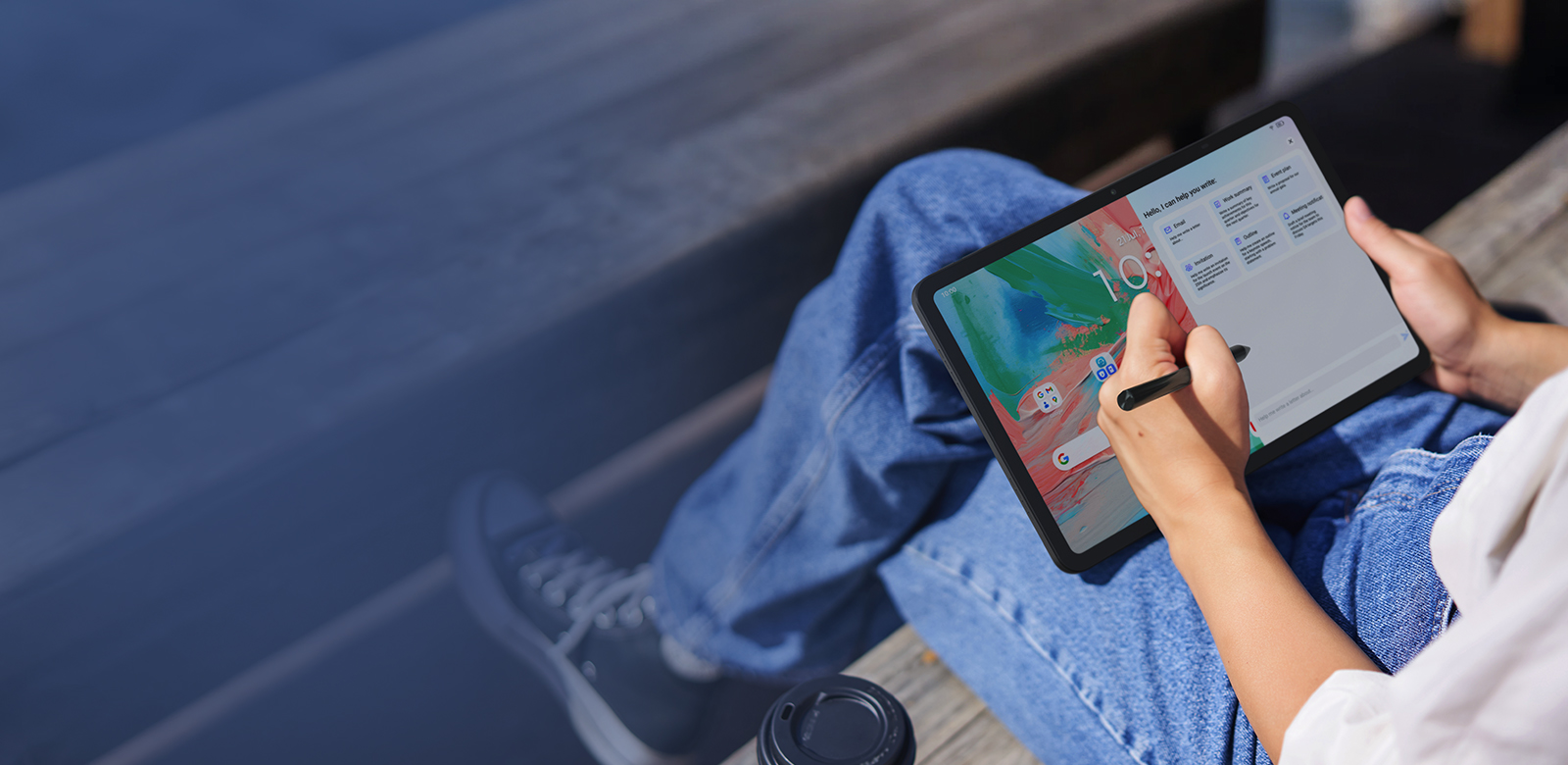 woman taking notes on tablet with AI suggested support