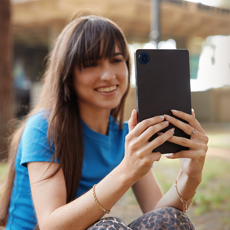 student using front camera to video call
