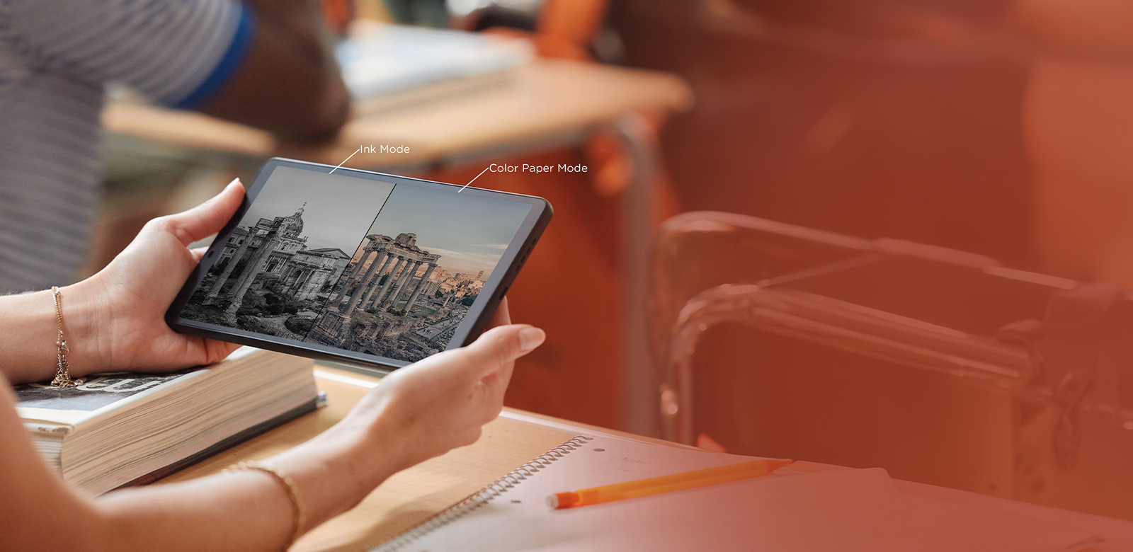 woman holding tablet featuring ink mode and color paper mode