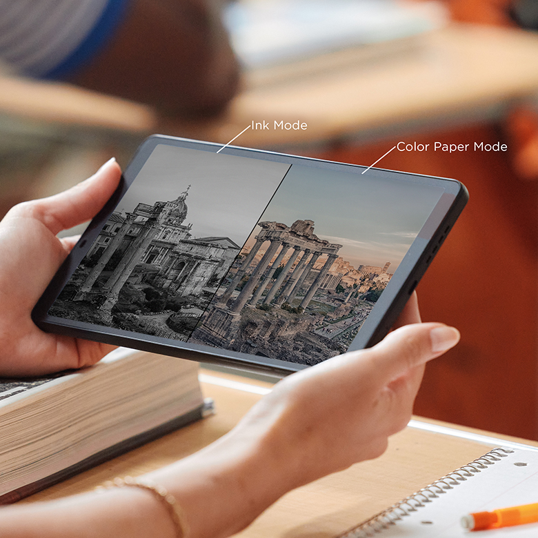 woman holding tablet featuring ink mode and color paper mode