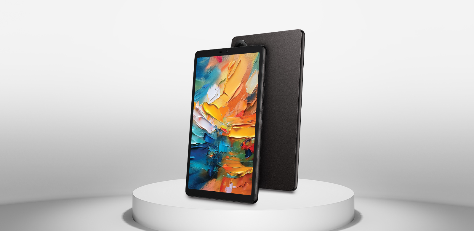 tablet displayed on pedestal